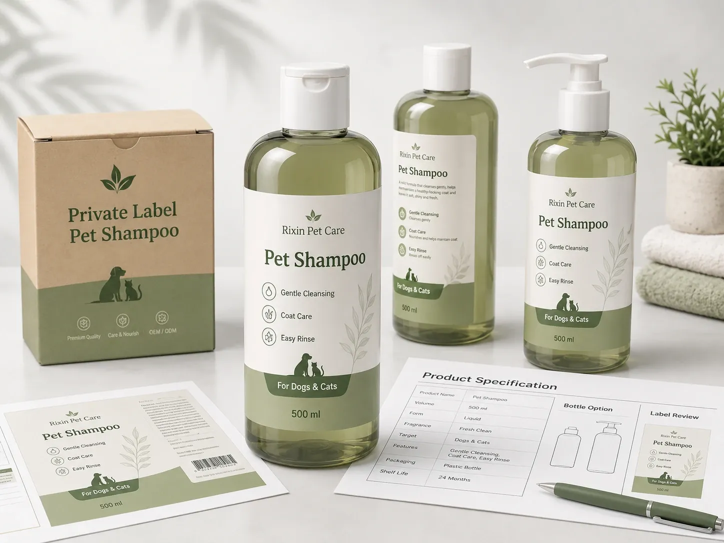 Private label pet shampoo bottle and packaging planning materials