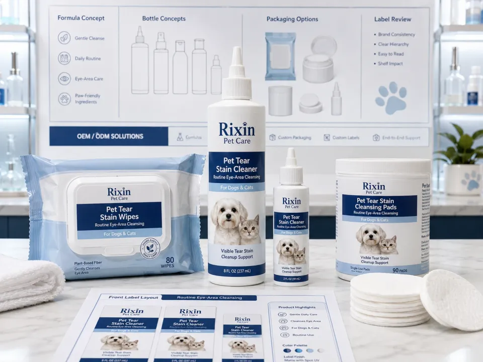 Pet tear stain cleaner lineup with bottle and wipe formats for routine eye-area cleansing