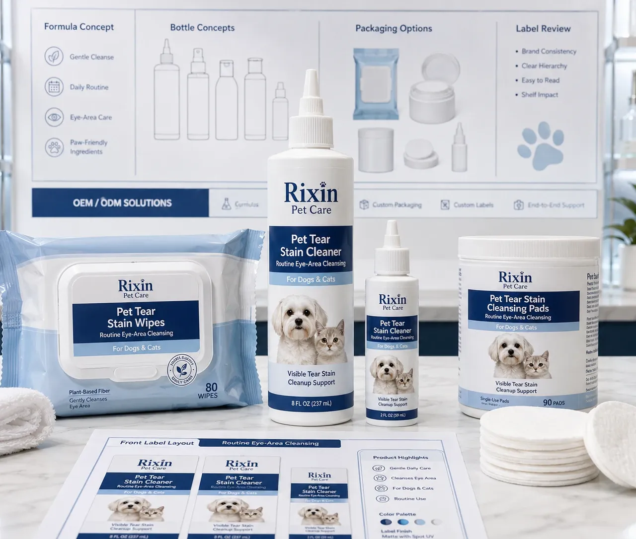 Rixin Pet Care pet tear stain cleaner lineup with bottle and wipe formats for routine eye-area cleansing