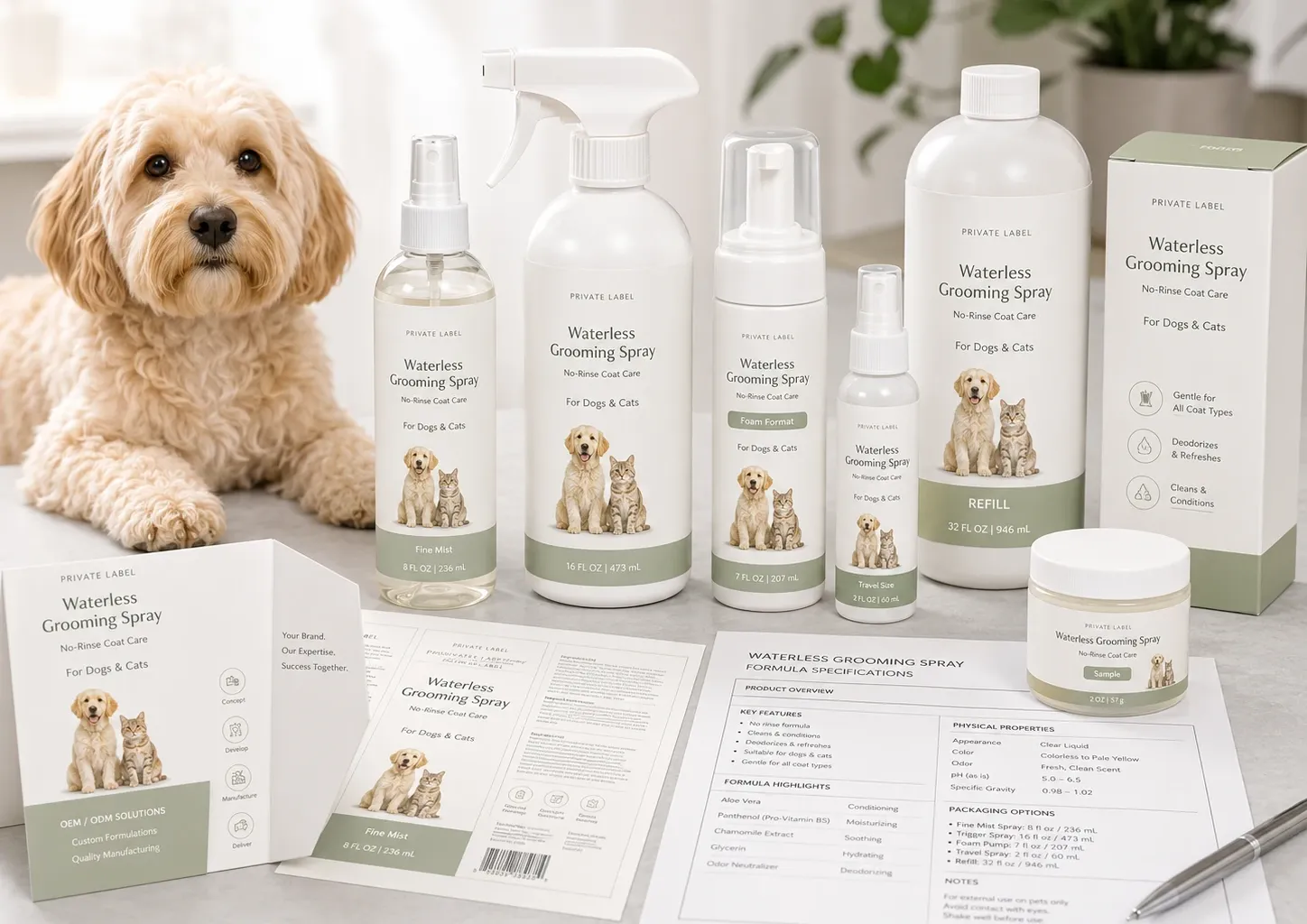 Private label waterless pet shampoo spray packaging and formula development samples with multiple bottle formats and a groomed dog