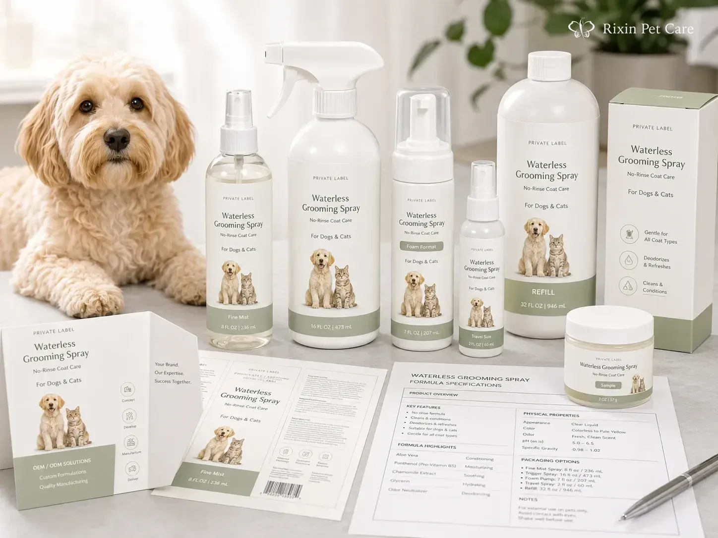 Private label waterless pet shampoo spray packaging and formula development samples with multiple bottle formats and a groomed dog