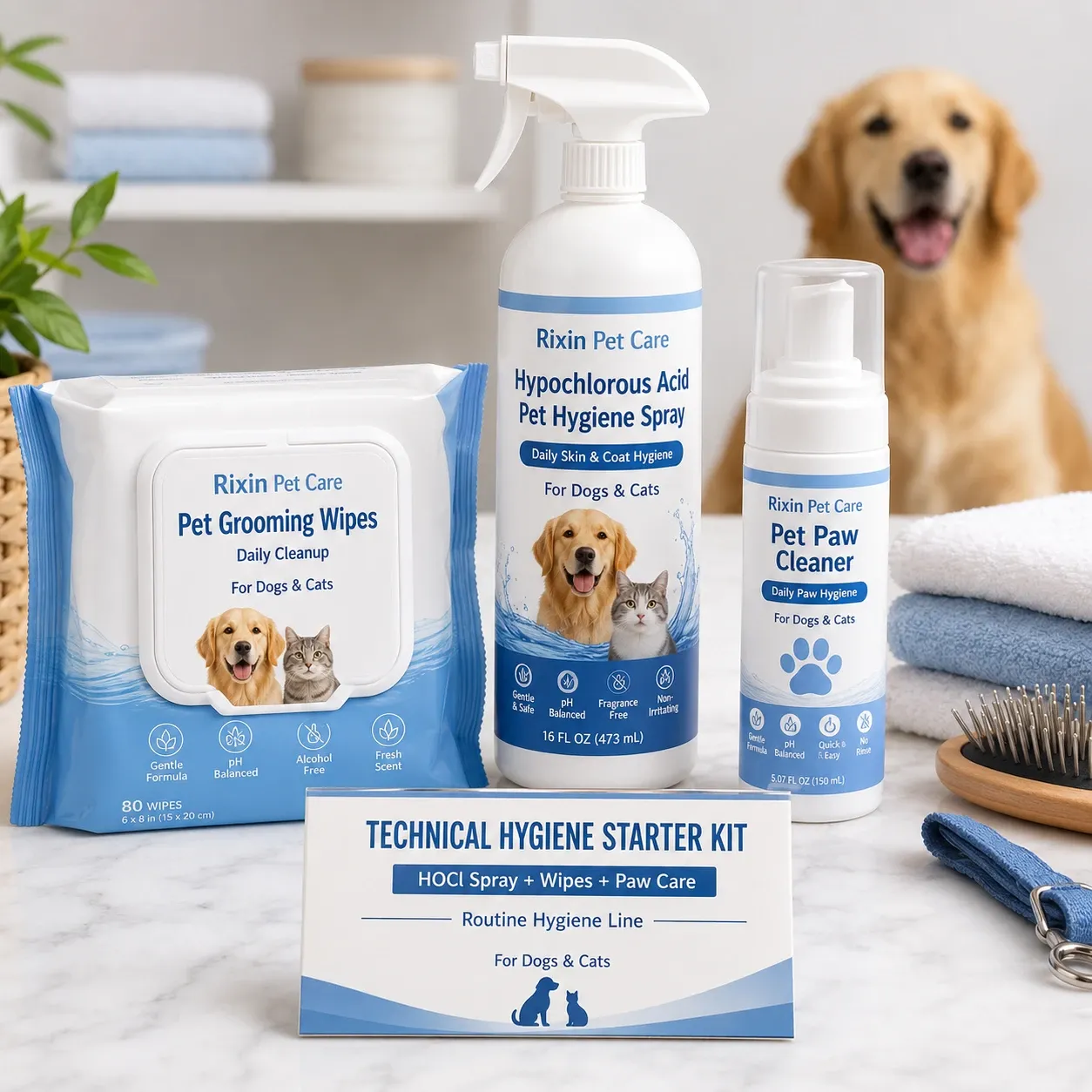 Pet hygiene kit with HOCl spray, wipes, paw cleaner, and packaging references
