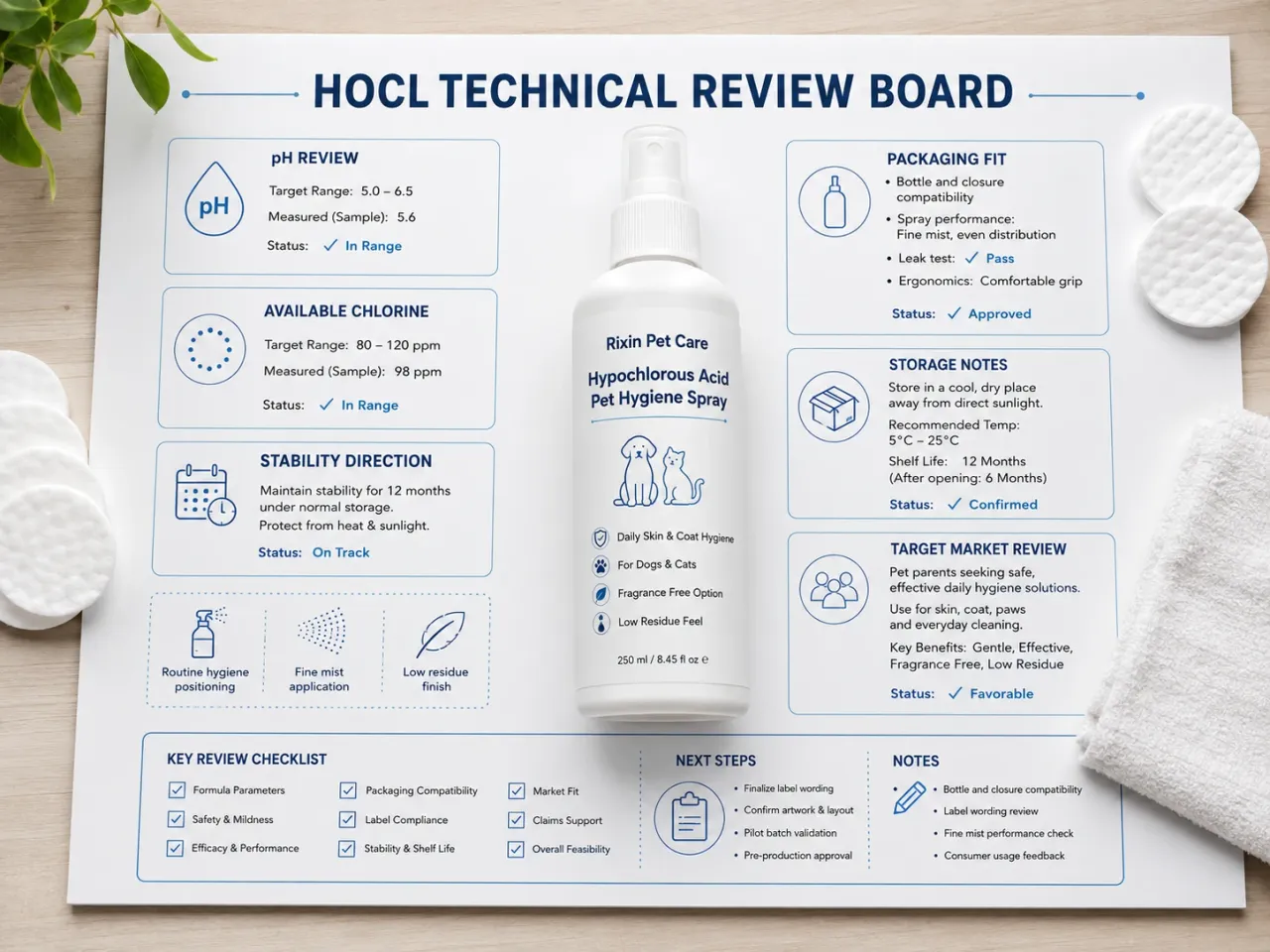 HOCl pet hygiene spray technical review board with formula and packaging discussion notes