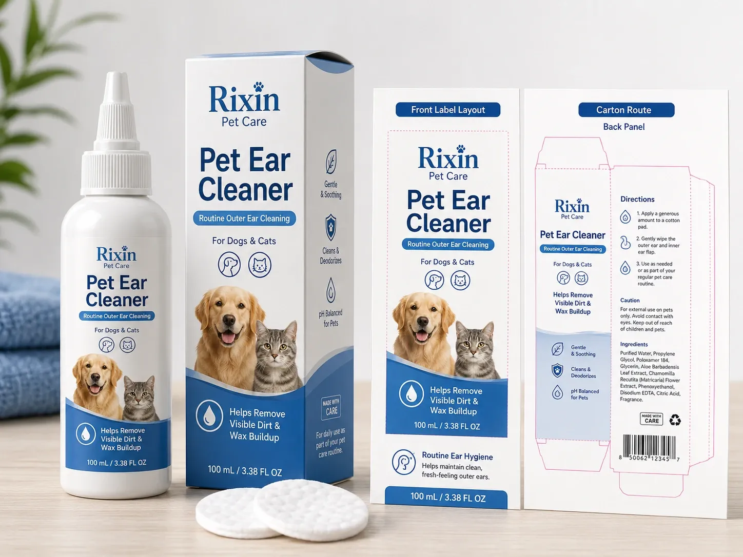 Rixin Pet Care pet ear cleaner bottle with matching retail carton, front label layout board, and carton back-panel route sheet