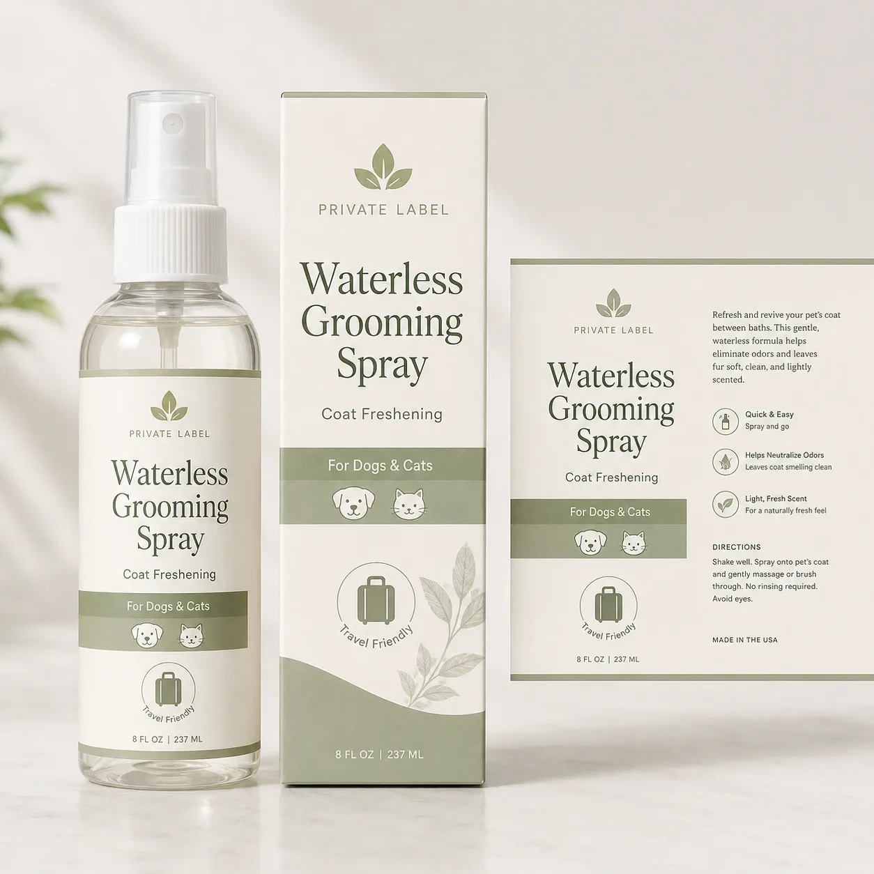 Waterless grooming spray bottle with matching carton and label layout presentation