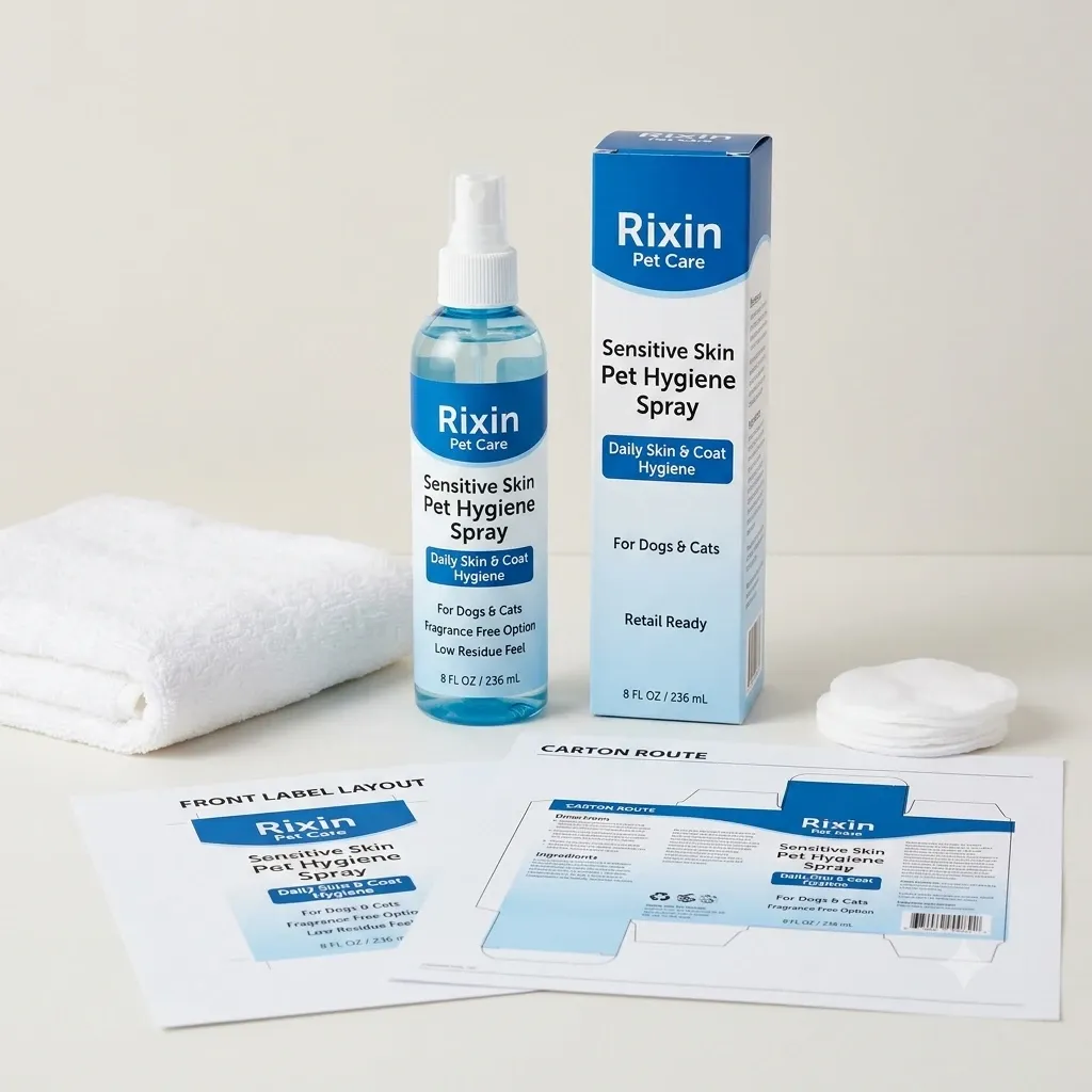 Rixin Pet Care sensitive skin pet hygiene spray bottle with matching retail carton, front label layout sheet, and carton route artwork board