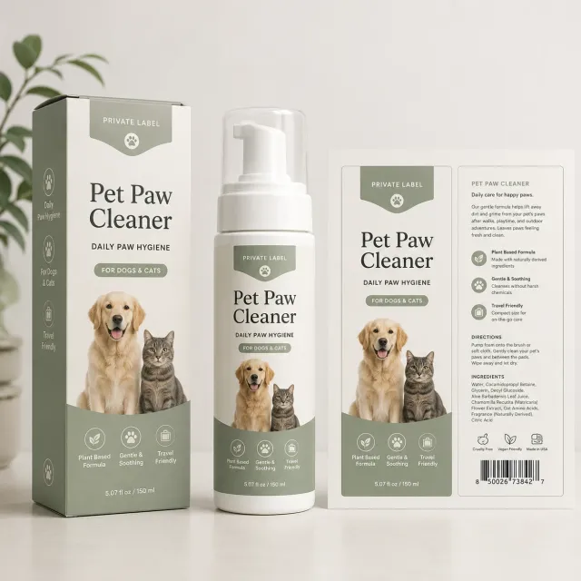 Pet paw cleaner bottle with matching carton and front-back label layout presentation