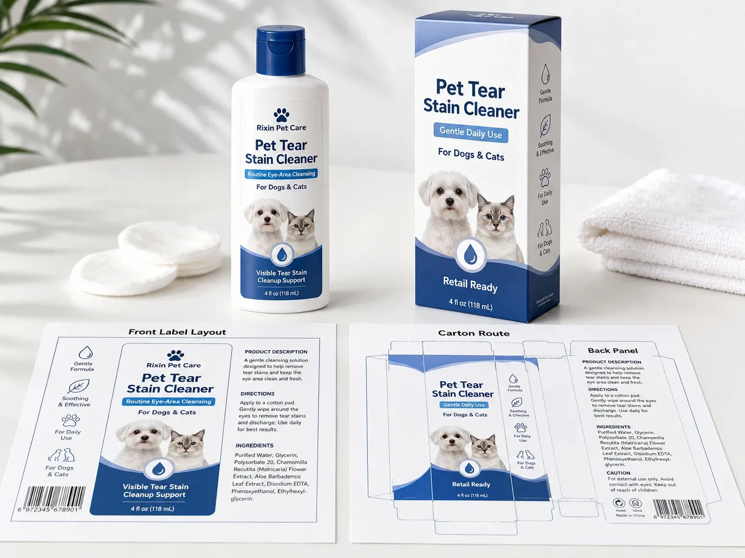 Rixin Pet Care pet tear stain cleaner bottle with matching retail carton, front label layout board, and carton route back-panel sheet