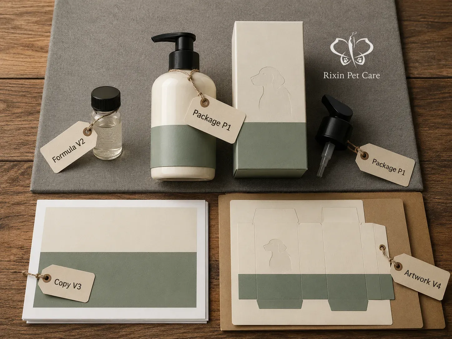 Formula, package, copy, and artwork version tags matched to one pet grooming product review set.