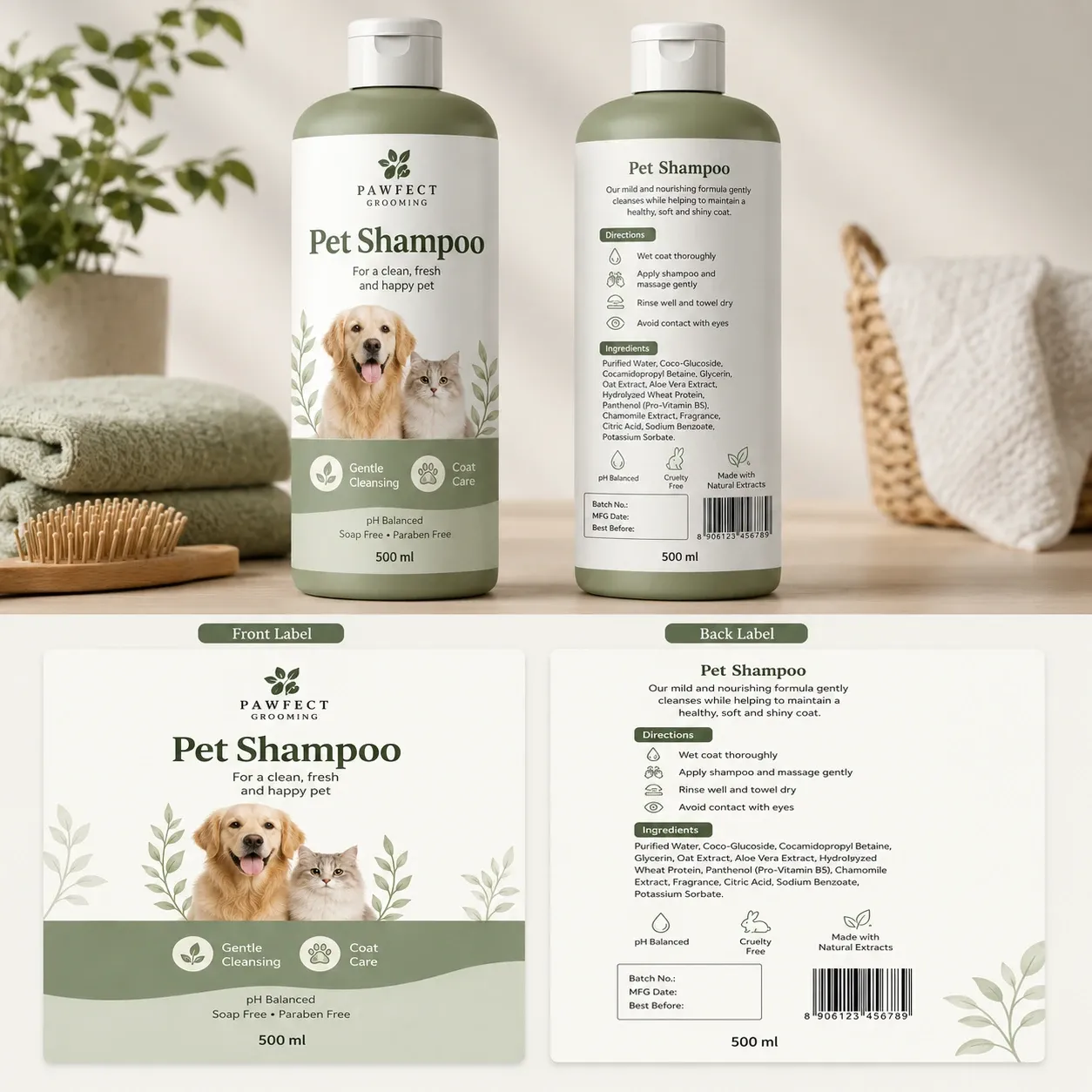 Front and back label layout concept for a private label pet shampoo bottle
