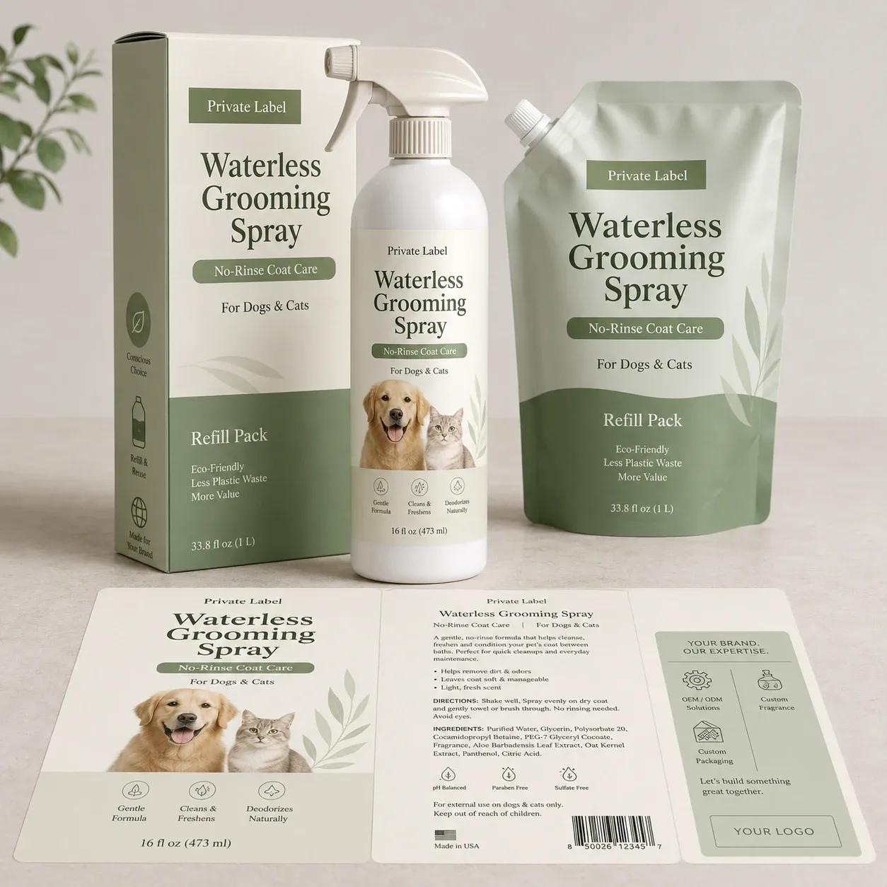 Waterless grooming spray trigger bottle with refill pouch, carton, and label mockup set