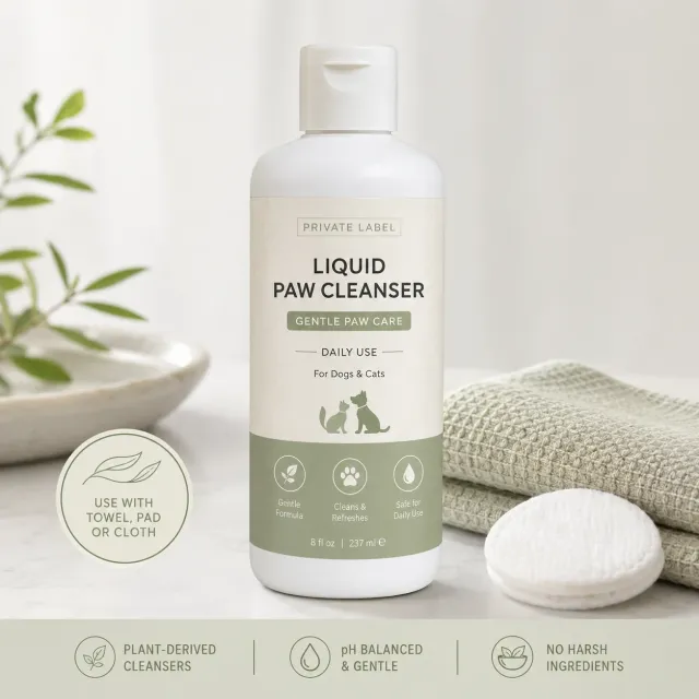 Liquid pet paw cleanser bottle shown with cleansing pad and towel