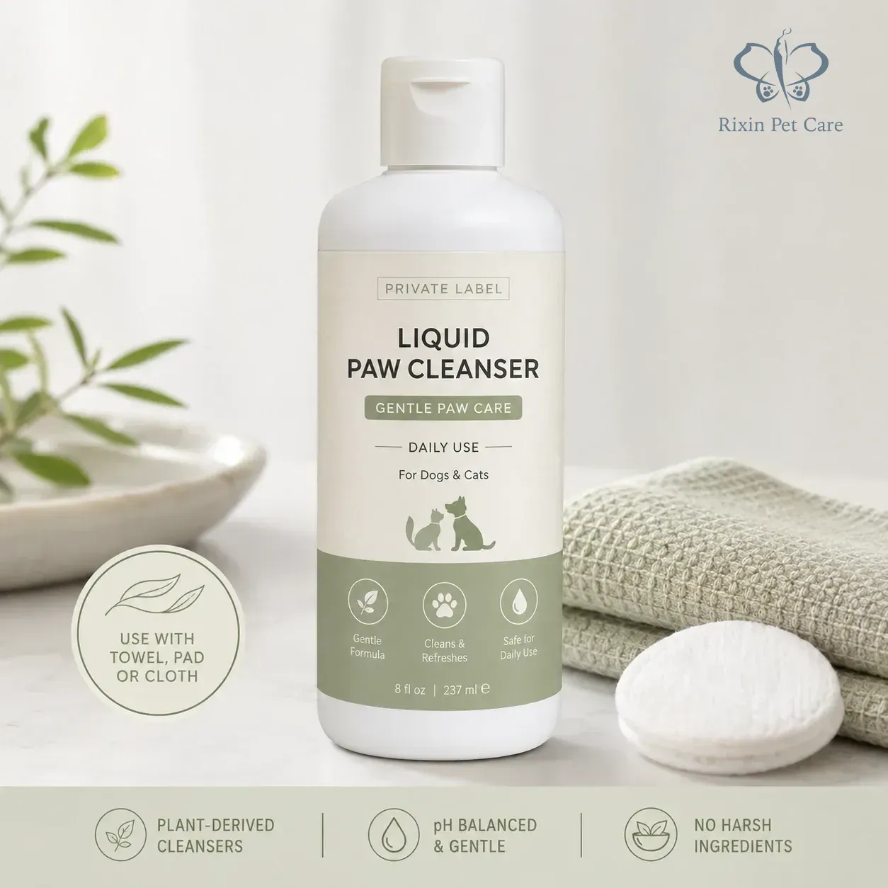 Liquid pet paw cleanser bottle shown with cleansing pad and towel