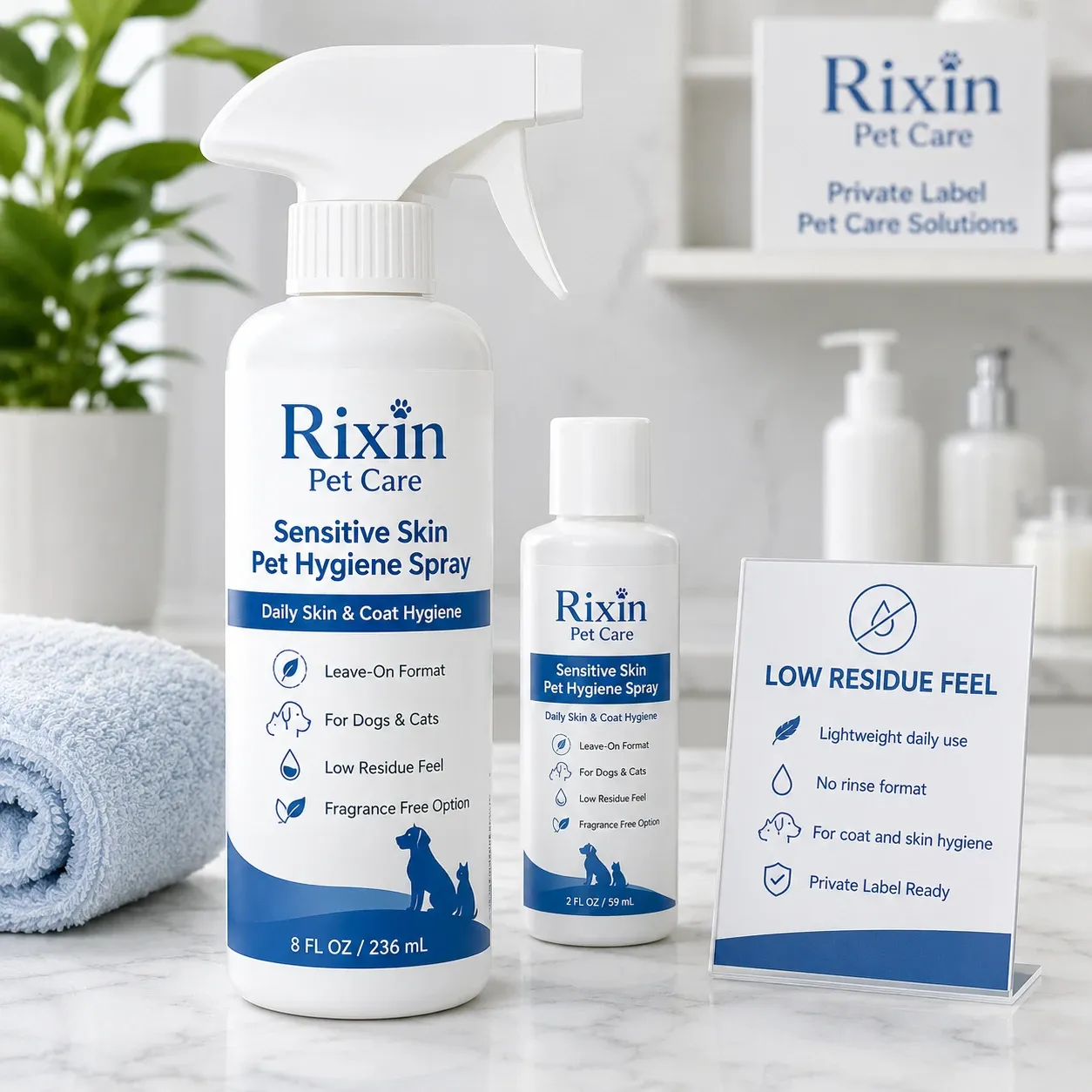 Rixin Pet Care sensitive skin pet hygiene spray low residue leave-on format with large bottle, mini bottle, towel, and low residue feel sign