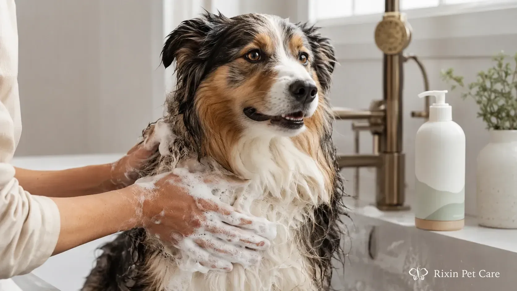 Mild dog shampoo for double-coated dog bath-time grooming
