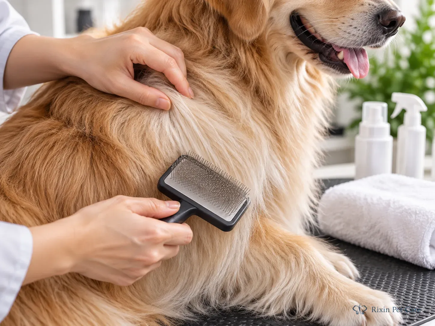 Grooming brush and hands examining a dry dog coat after a no-rinse pet shampoo sample review.