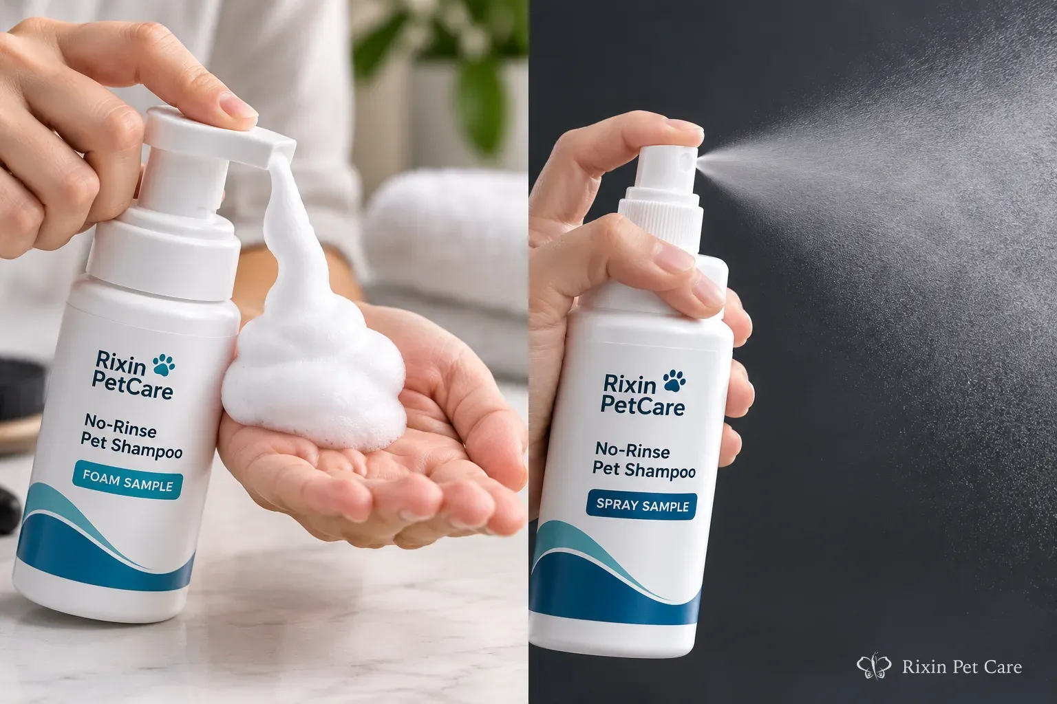 Foaming pump and fine-mist spray samples shown side by side for no-rinse pet shampoo dispensing evaluation.
