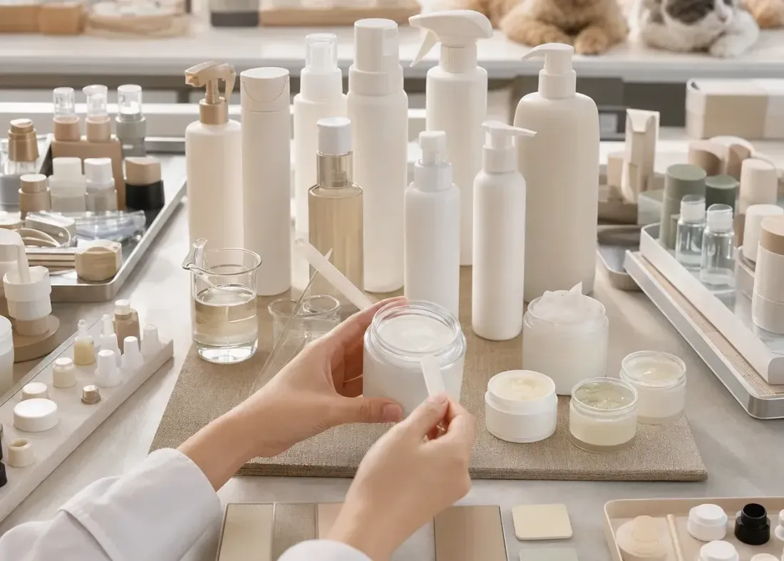 Custom pet grooming product prototypes, packaging parts, and sample textures in a manufacturing development workspace