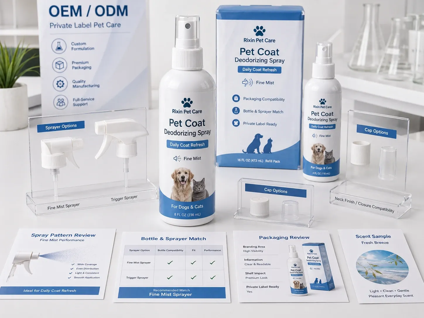 Rixin Pet Care packaging and sprayer review board for pet coat deodorizing spray with bottle sizes, carton packaging, spray heads, cap options, and review cards