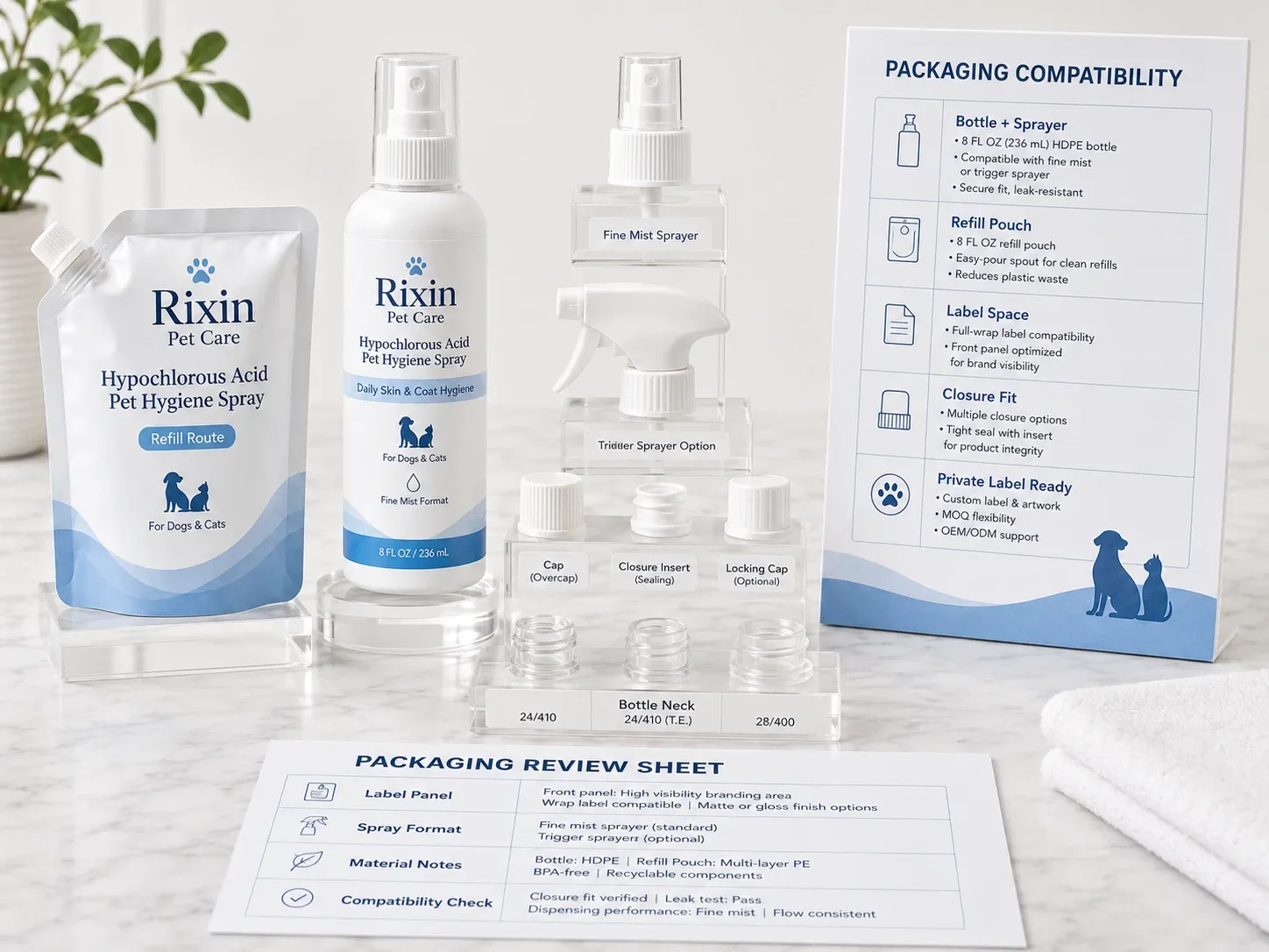 Packaging compatibility review with hypochlorous acid pet hygiene spray bottle, refill pouch, sprayer components, bottle neck finishes, and packaging review sheet