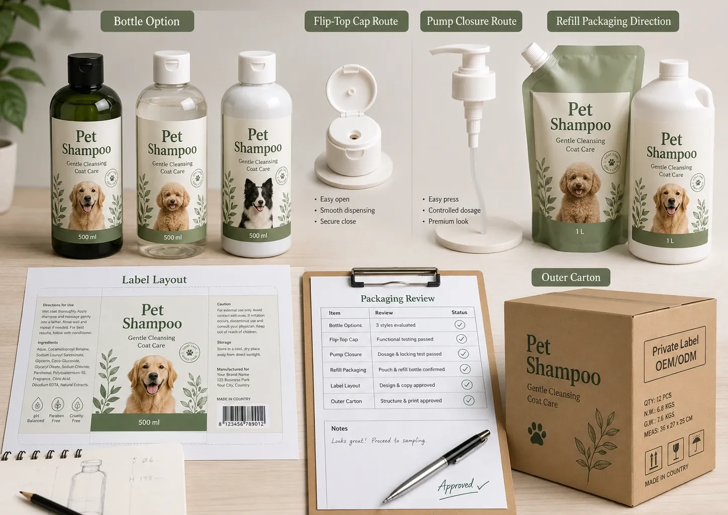 Private label pet shampoo packaging mockup board with bottle options, refill direction, label layout, and outer carton