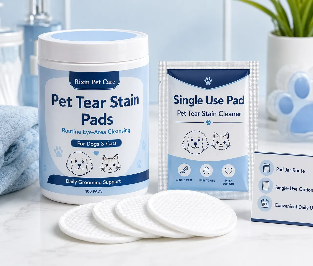 Pet tear stain cleaner pad jar and single-use pad format