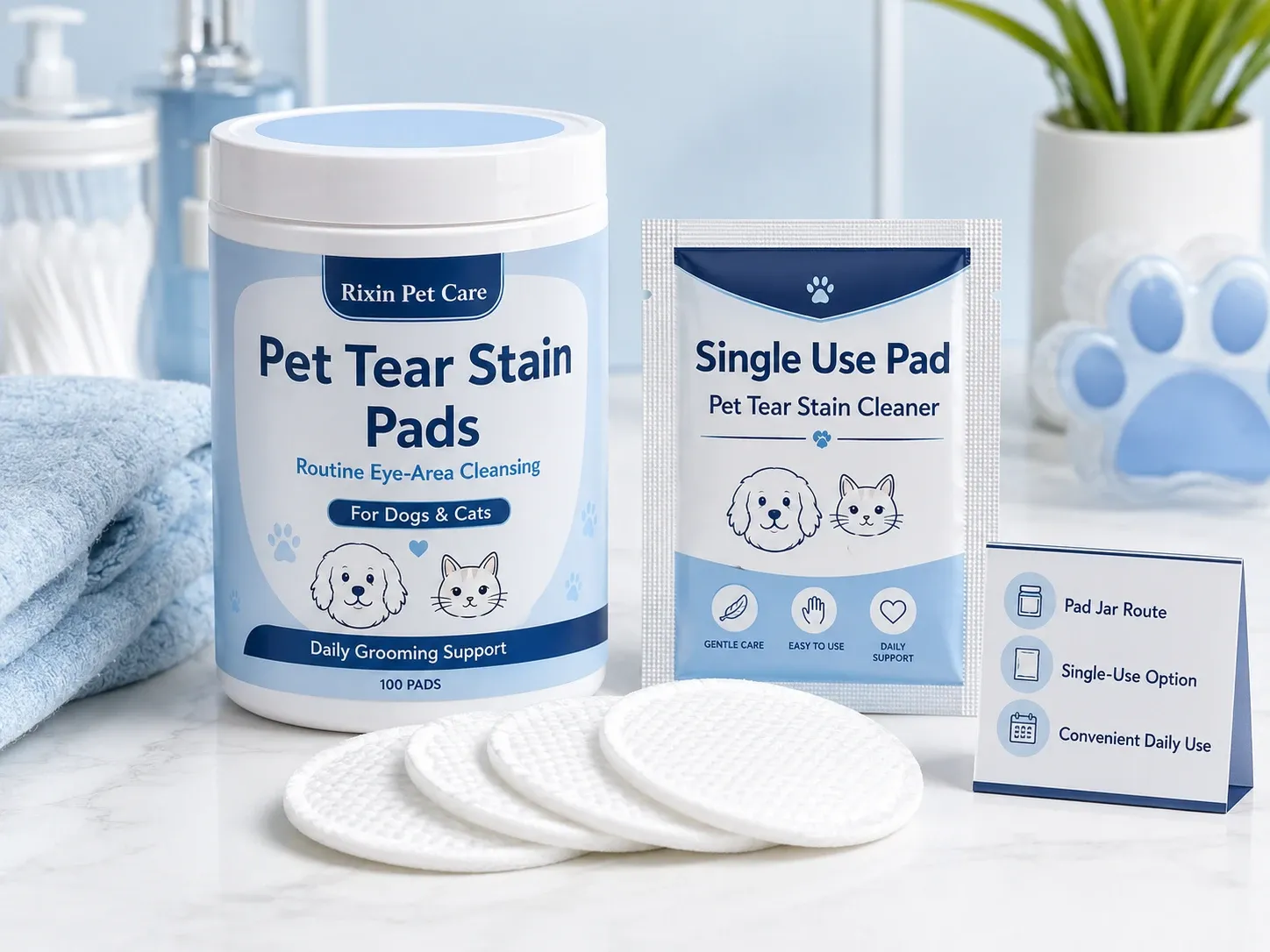 Rixin Pet Care pet tear stain pads jar with single-use pad sachet, textured pads, and pad route sign