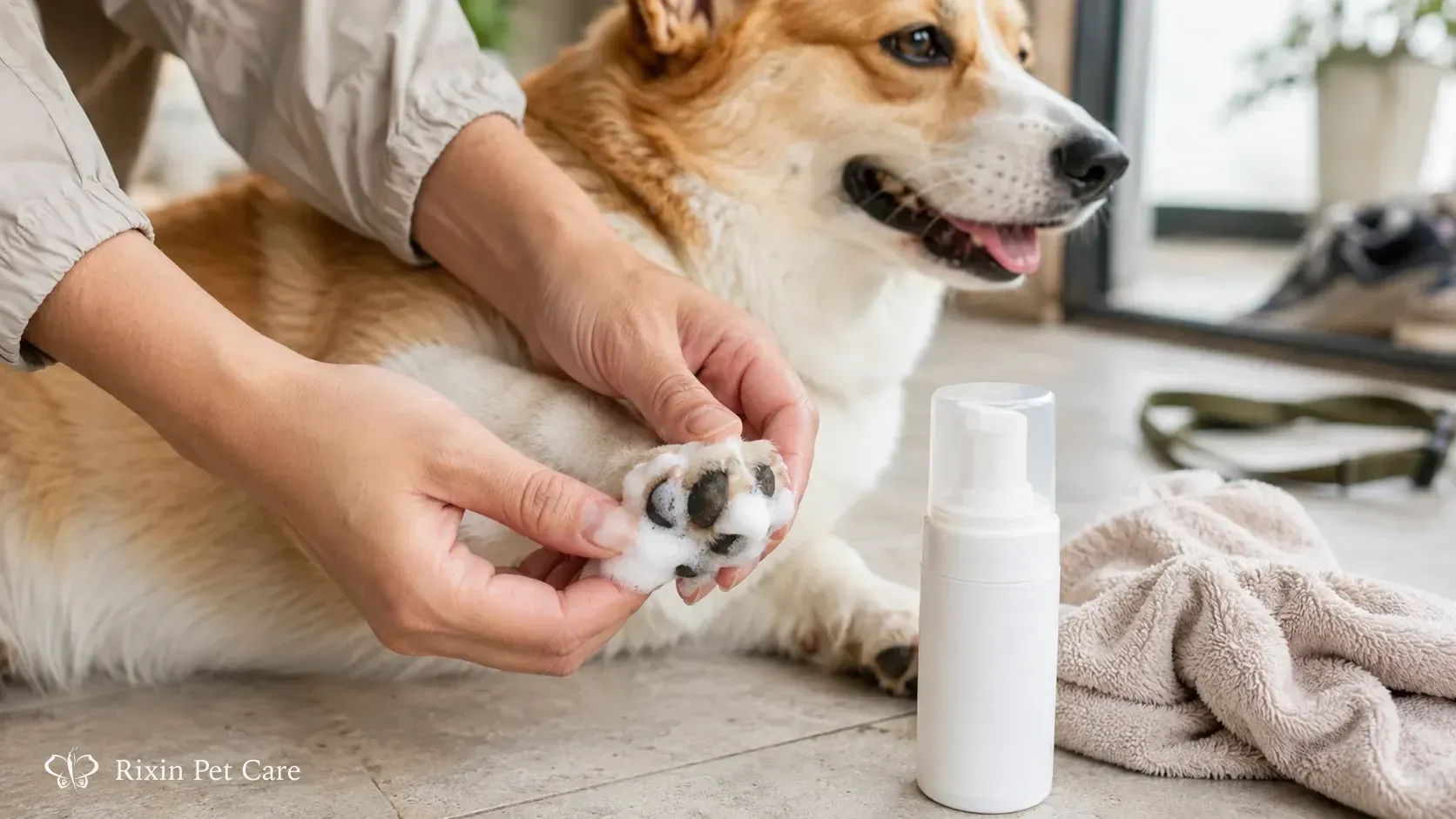 Paw cleaner foam being used on a corgi paw after an outdoor walk