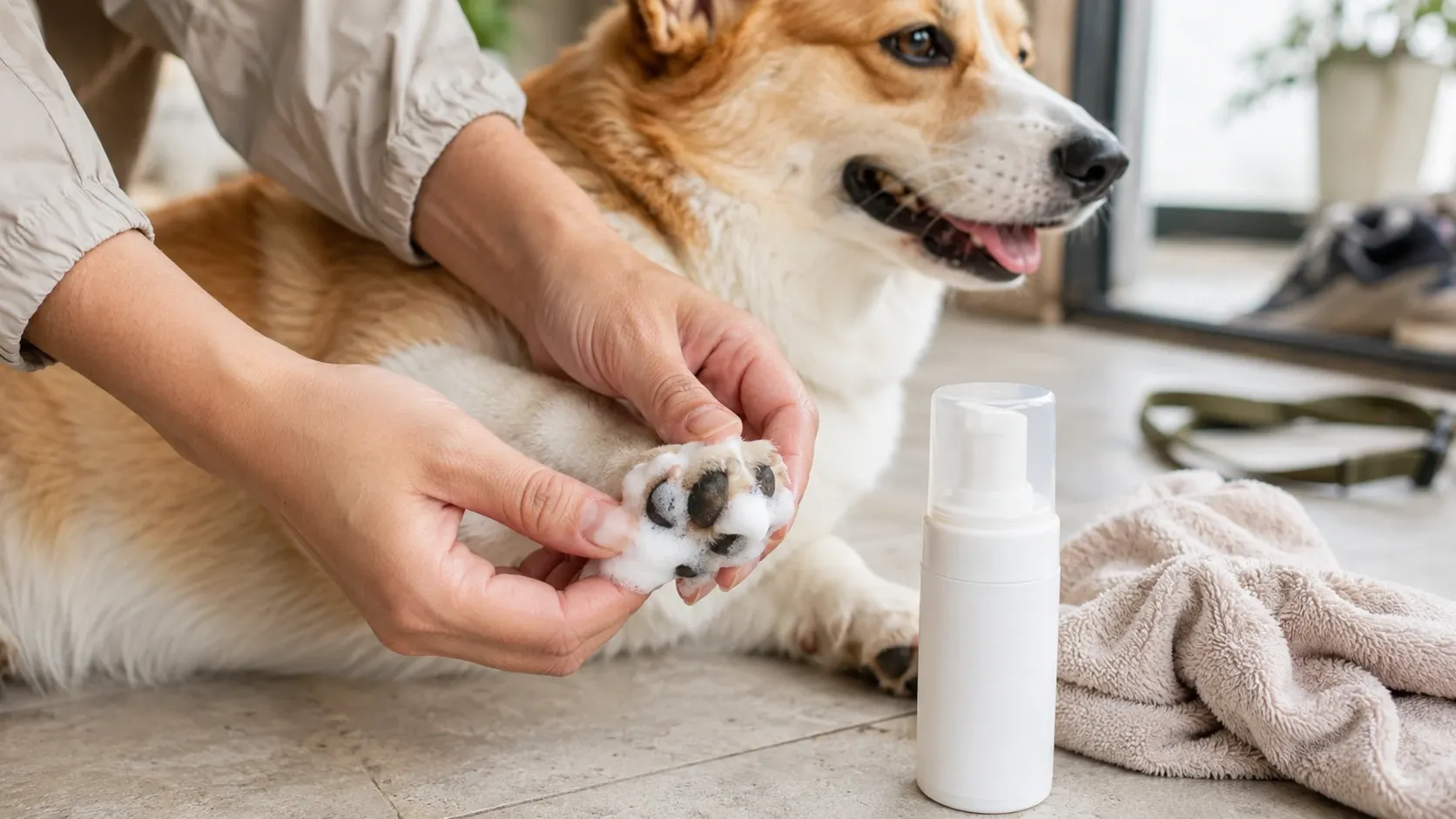 Paw cleaner foam being used on a corgi paw after an outdoor walk