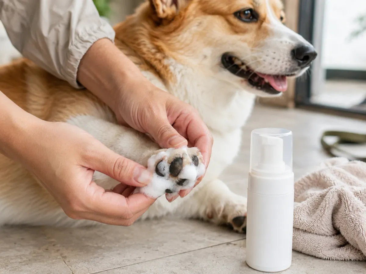 Foam paw cleaner being used on a dog paw after an outdoor walk