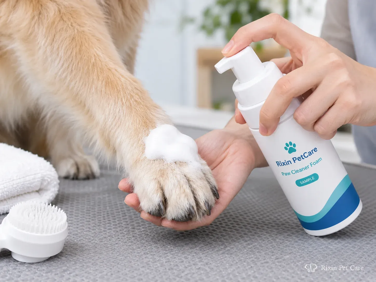 Hands and a clean towel reviewing a dog's paw after wiping off a paw cleaner foam sample.