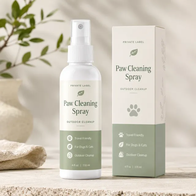 Paw cleaning spray bottle with matching carton for outdoor cleanup routines