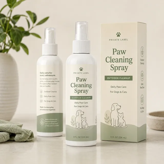Private label paw cleaning spray bottles with carton packaging presentation