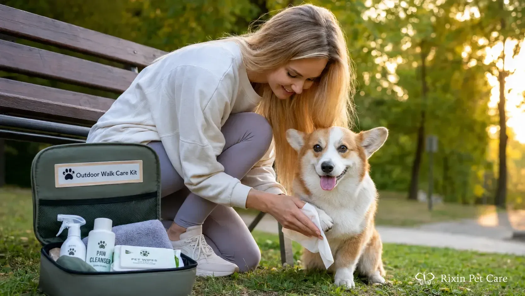 A person cleaning a corgi's paw
