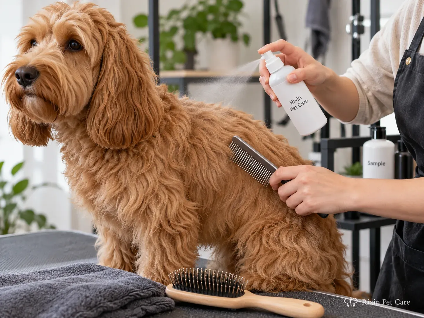 Detangling spray being applied in a controlled grooming context beside a comb and brush.