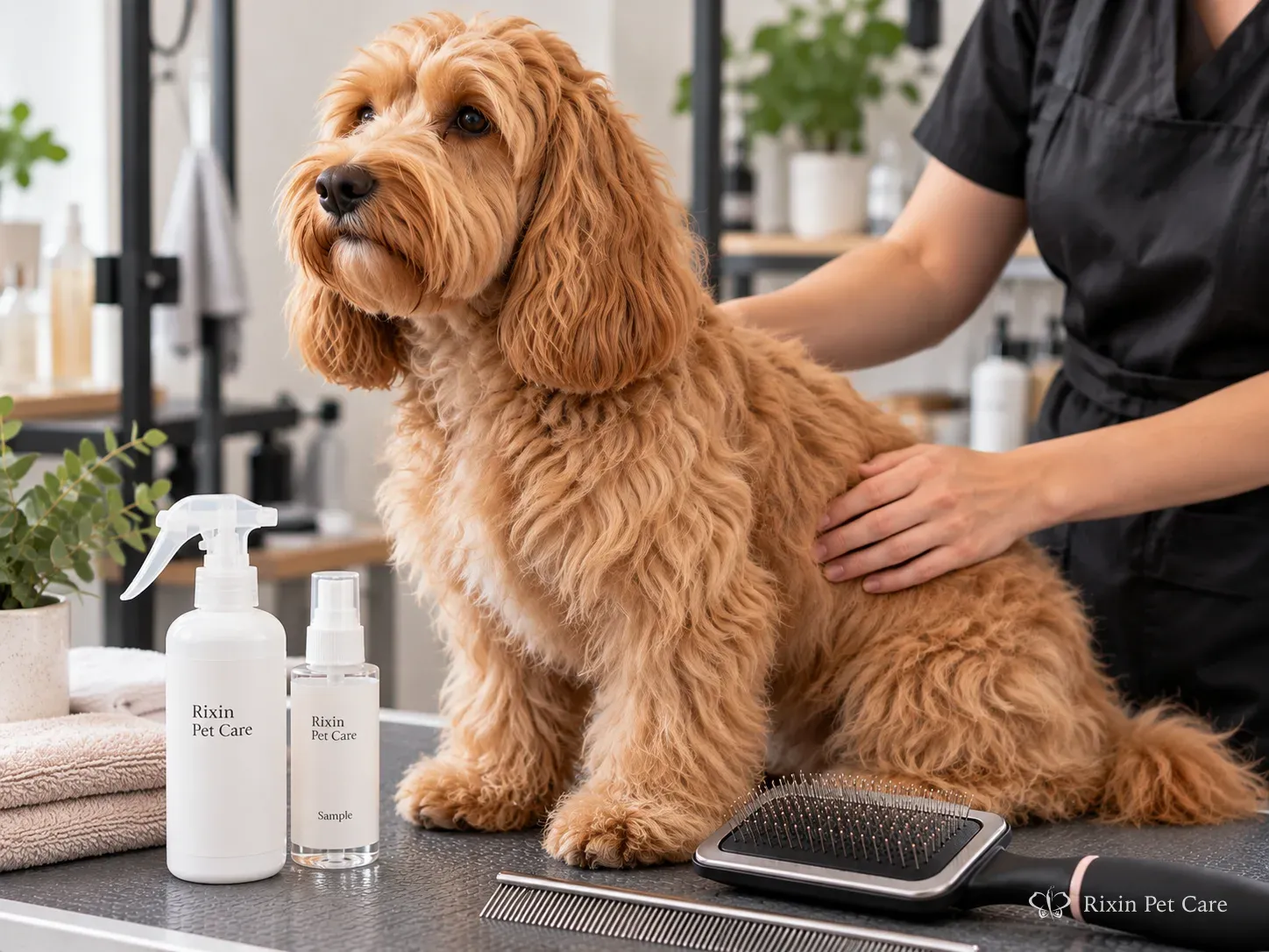 Groomed pet coat shown after brushing to illustrate finished-coat feel and appearance evaluation.