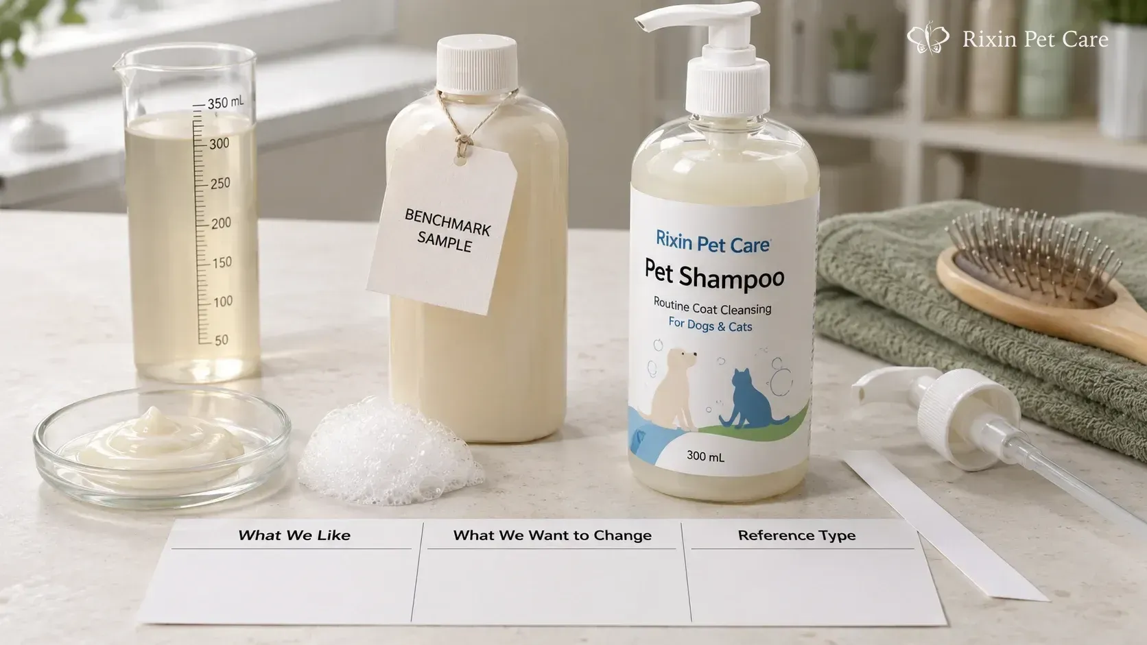 Pet grooming benchmark brief comparing preferred features, requested changes, and packaging reference