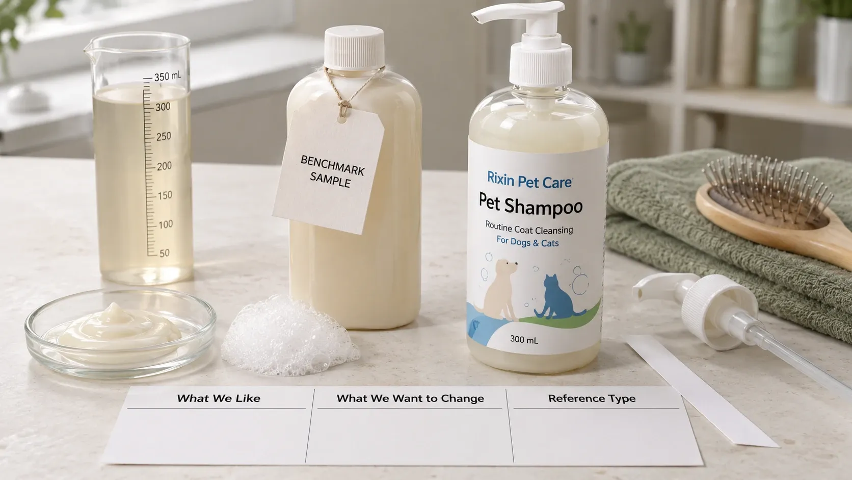 Pet grooming benchmark brief comparing preferred features, requested changes, and packaging reference