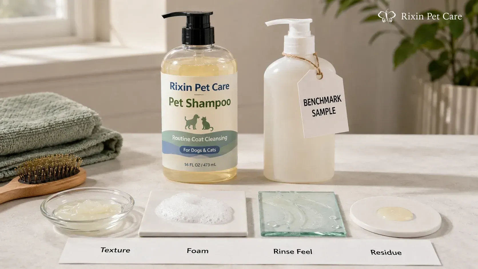 Pet grooming benchmark feedback focused on texture, foam, rinse feel, and dispensing