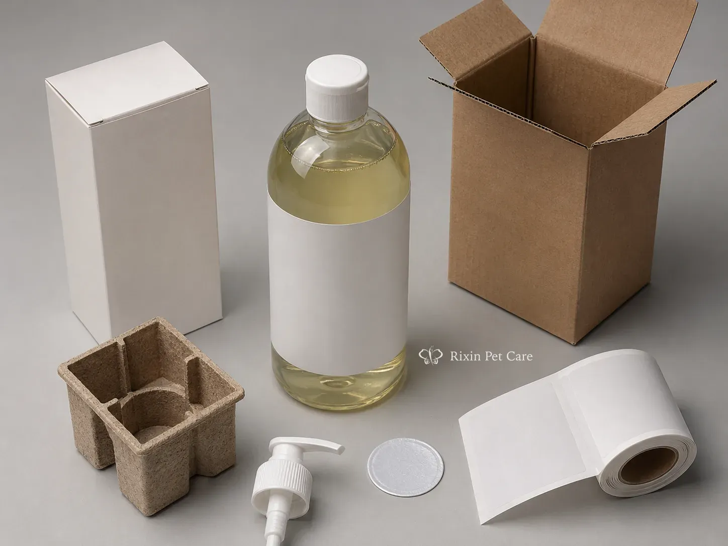 Complete pet grooming packaging system with container, closure, seal, label, carton, and shipping protection.