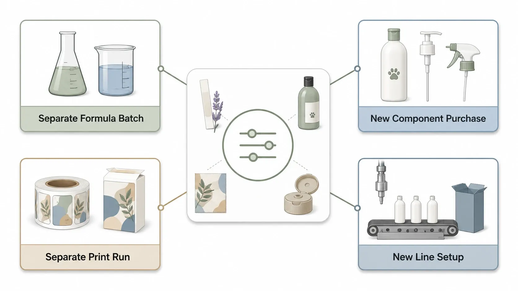 Customization decisions that trigger separate formula, component, printing, or filling minimums