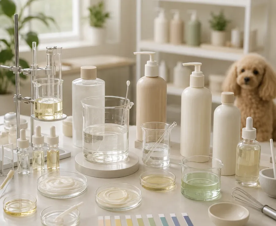 Pet grooming formula development table with bottles, beakers, liquid samples, and texture testing tools