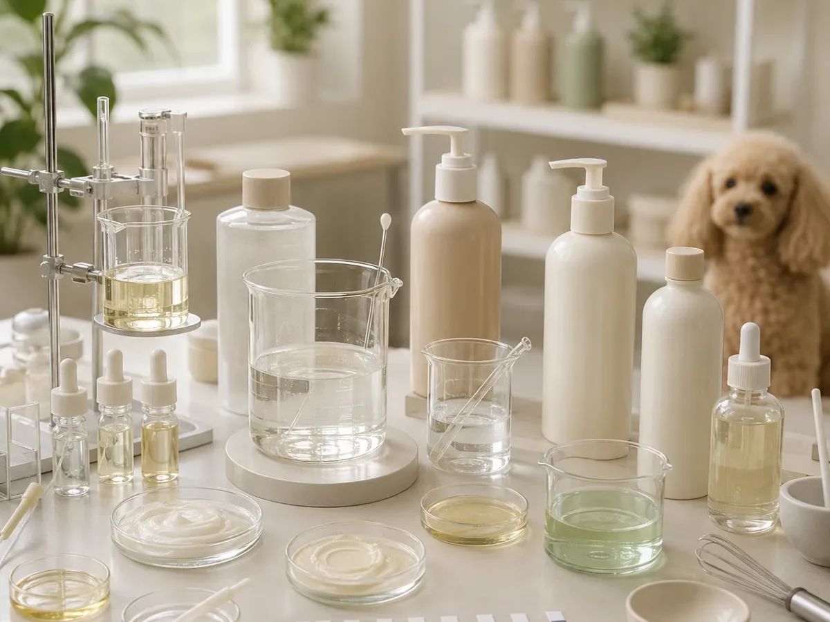 Pet grooming formula development workspace with bottles, beakers, and sample materials