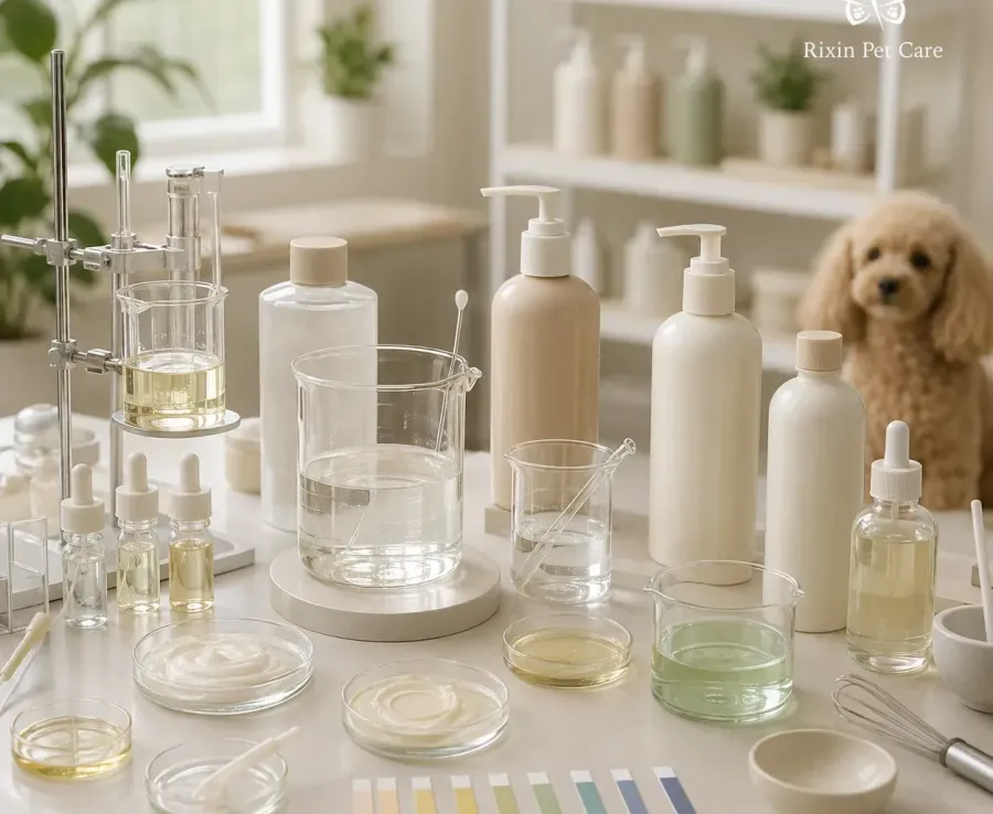 Pet grooming formula development table with bottles, beakers, liquid samples, and texture testing tools