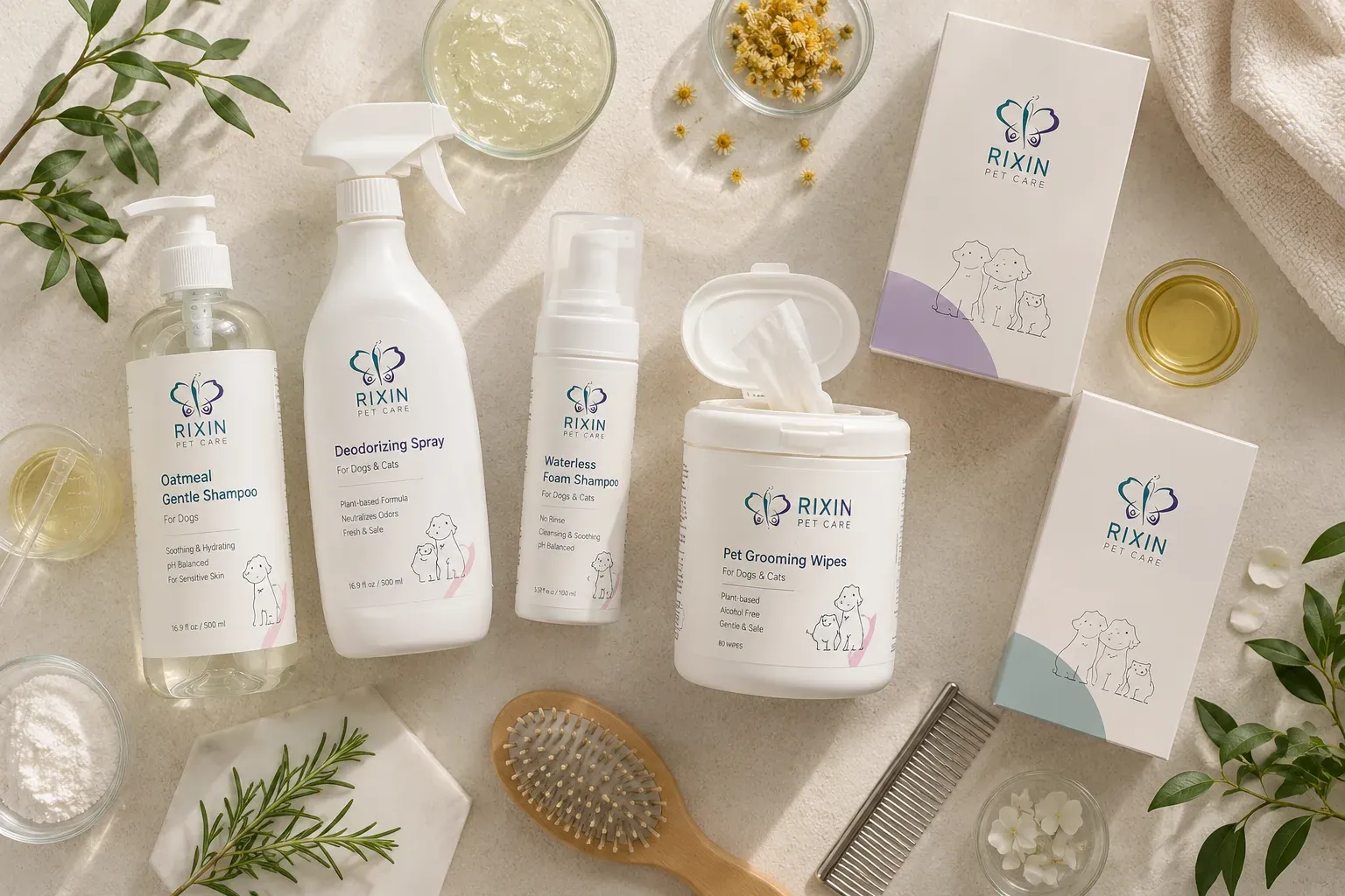 Pet shampoo, grooming spray, and wipes shown with matching formulas, pumps, sprayers, closures, and packaging components