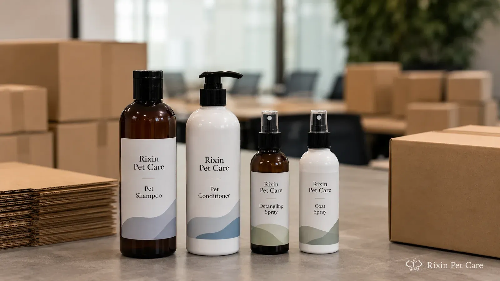 Coordinated Rixin Pet Care grooming products prepared for international market launch with retail packaging and export shipping context
