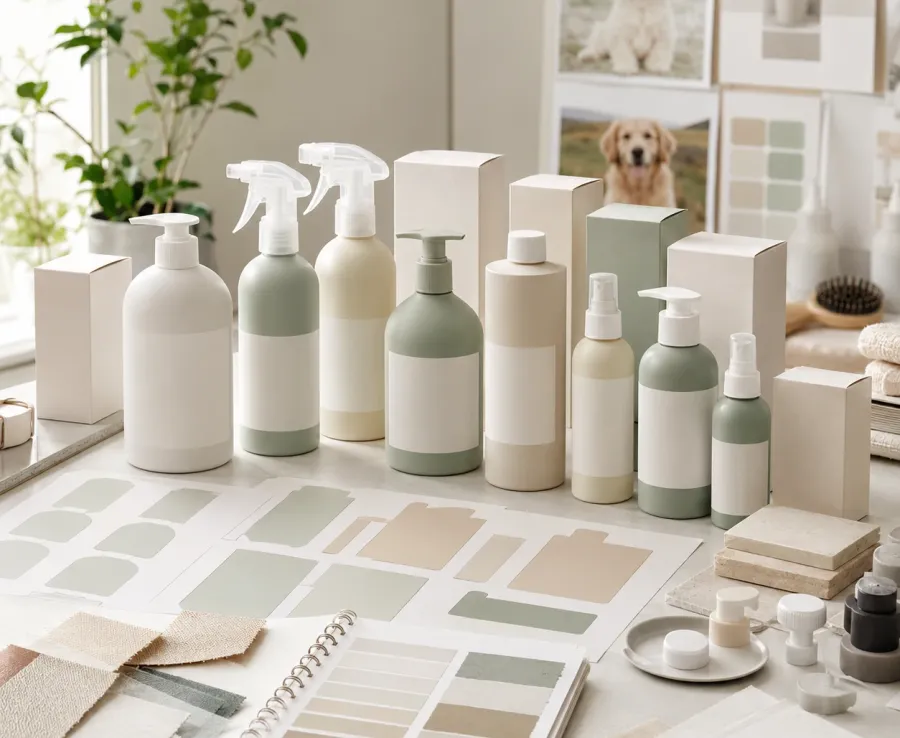 Pet grooming bottles, boxes, label layouts, and color swatches arranged for packaging design review