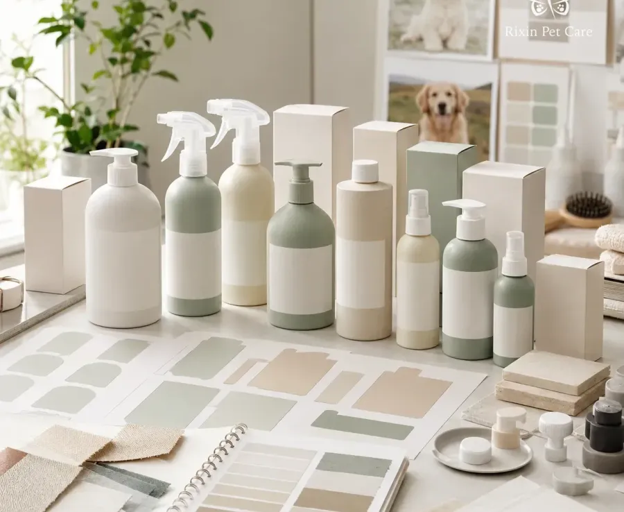 Pet grooming bottles, boxes, label layouts, and color swatches arranged for packaging design review