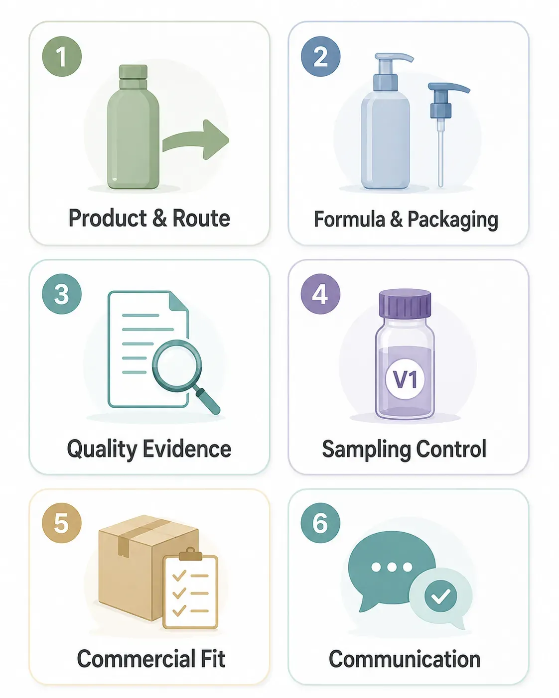 Six-part manufacturer fit scorecard covering product, packaging, evidence, sampling, commercial fit, and communication