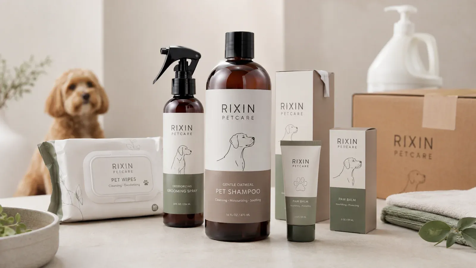 Coordinated private-label pet grooming products representing manufacturing solutions for different B2B business models